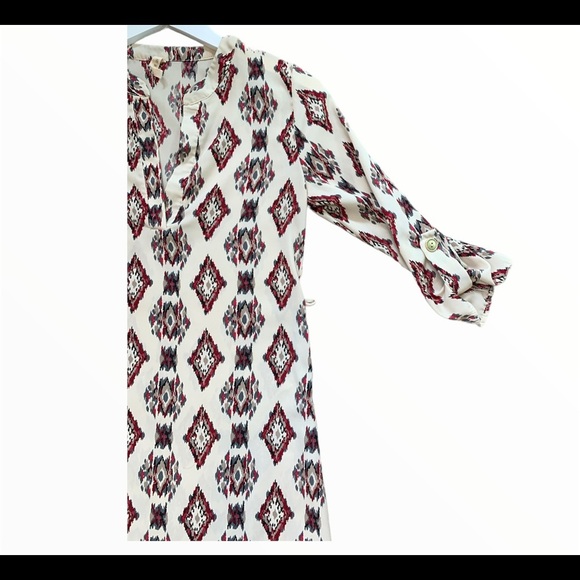 MY BELOVED Boho V Cut Geo Diamond Print Tunic Dress With V Cut Ivory/Red Medium - Picture 4 of 10